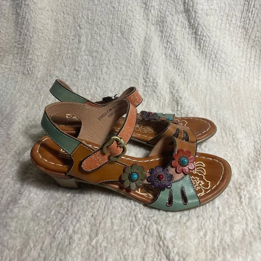 L'ATISTE by Spring Step Yovela multi color Floral Sandals block heels SZ42 US10